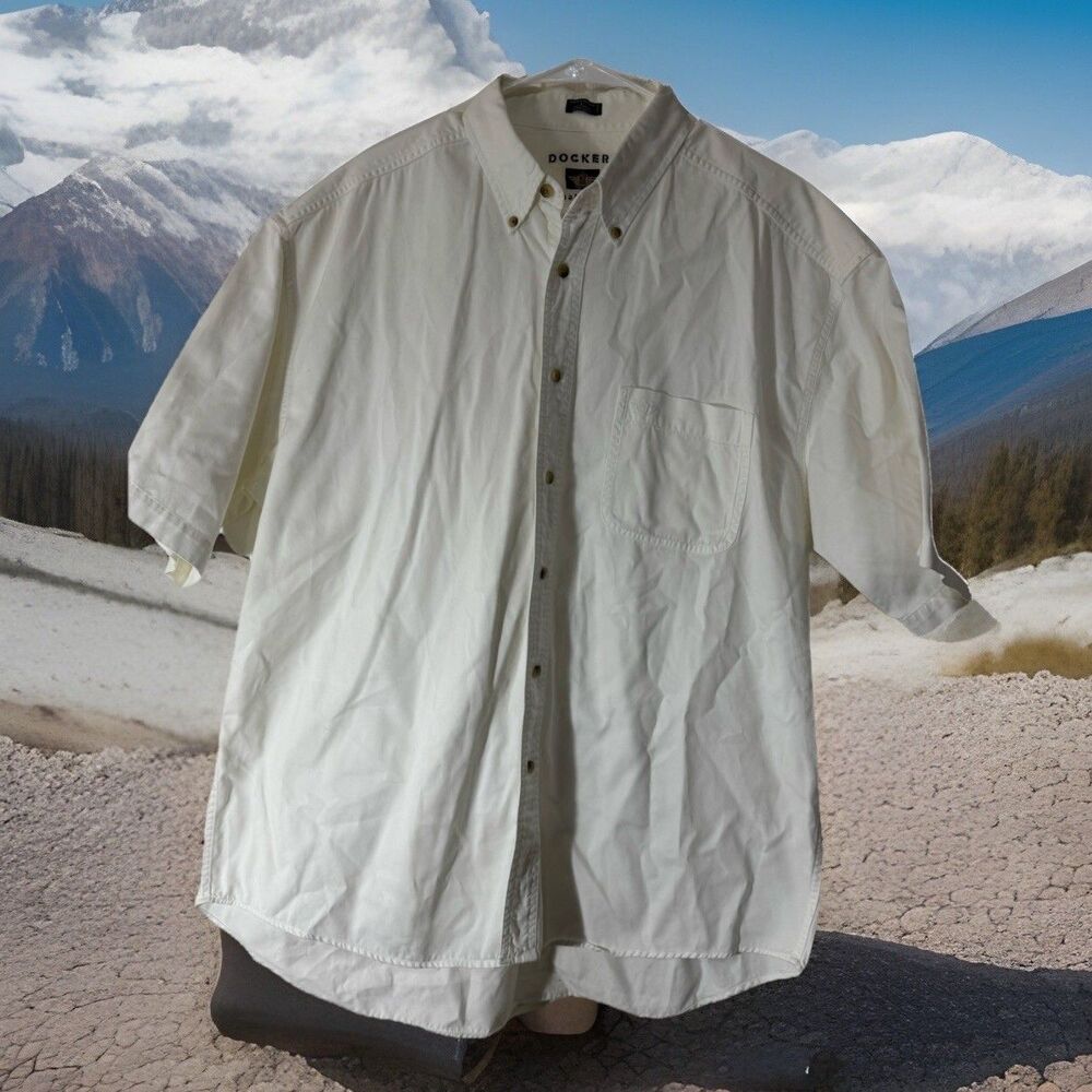DOCKERS 100% Cotton Men’s White Utility Shirt‎ Khaki Ware Size L Pocket